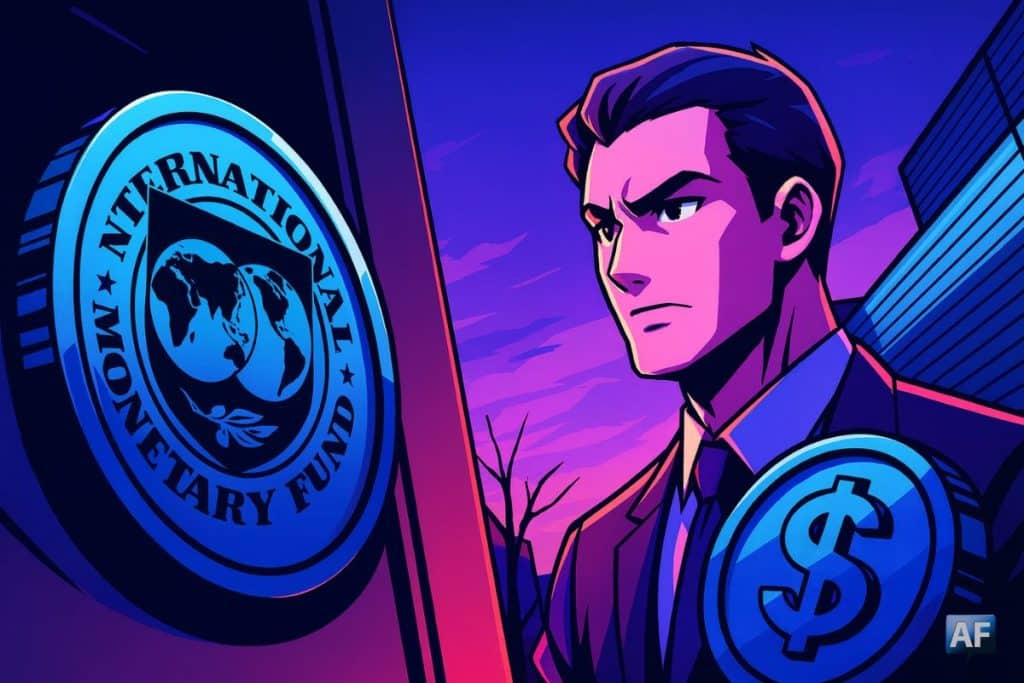 Illustration manga du logo du FMI et d’un homme observant un stablecoin en dollars, symbolisant les alertes du Fonds monétaire international sur les risques pour la stabilité financière mondiale.