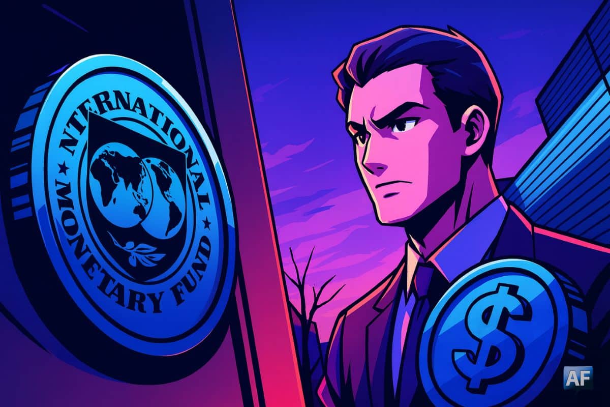 Illustration manga du logo du FMI et d’un homme observant un stablecoin en dollars, symbolisant les alertes du Fonds monétaire international sur les risques pour la stabilité financière mondiale.