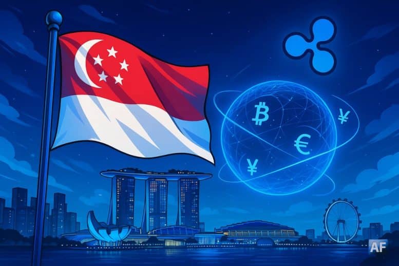 Visuel manga montrant le drapeau de Singapour, la skyline avec Marina Bay Sands, et une sphère digitale bleue représentant les crypto-monnaies, avec le logo Ripple, illustrant l’expansion de Ripple à Singapour.