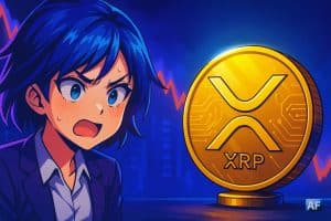 Illustration manga d’une chute du prix XRP montrant une pièce XRP dorée et un personnage inquiet, avec un arrière-plan financier en déclin et des couleurs bleues et violettes.