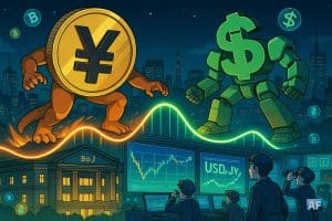 Un kaijū en forme de yen affronte un robot dollar au-dessus de Tokyo, marchant sur une courbe de taux JGB tandis que des traders de la BoJ observent la scène depuis leur salle de marché.
