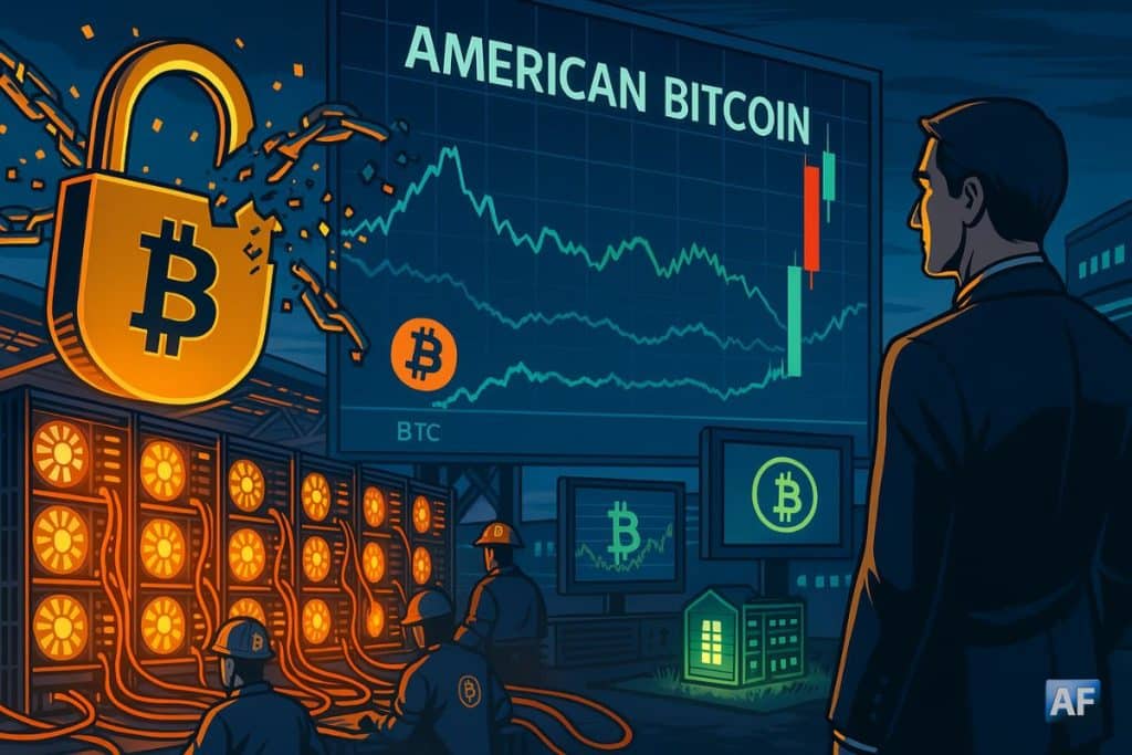Un immense cadenas Bitcoin qui se brise sur une ferme de minage incandescente fait écho, en arrière-plan, au graphique Nasdaq d’American Bitcoin affichant un krach brutal suivi d’un rebond.