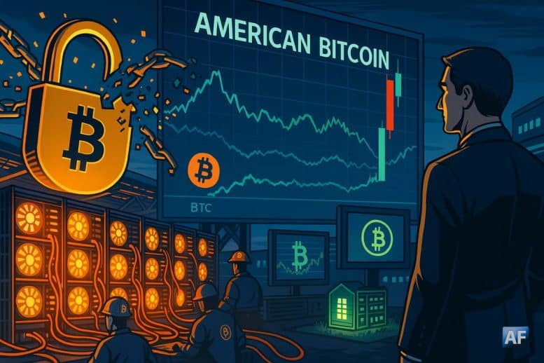 Un immense cadenas Bitcoin qui se brise sur une ferme de minage incandescente fait écho, en arrière-plan, au graphique Nasdaq d’American Bitcoin affichant un krach brutal suivi d’un rebond.