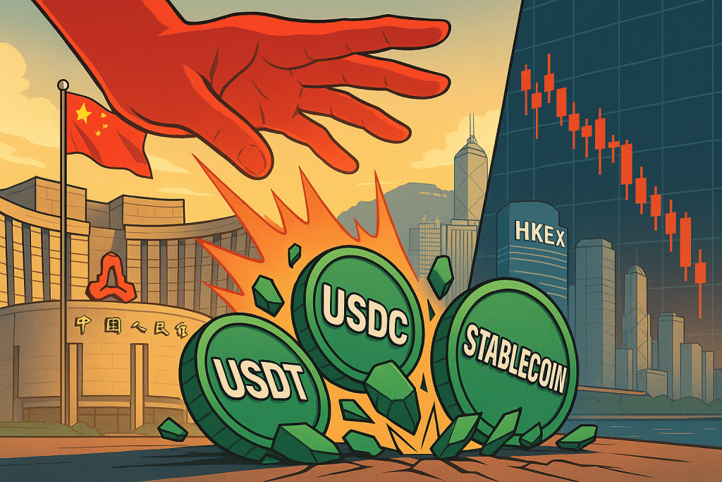 Une main rouge géante venant de la banque publique de Chine jette au sol des stablecoins, tandis qu'à Hong Kong des courbes passent dans le rouge.