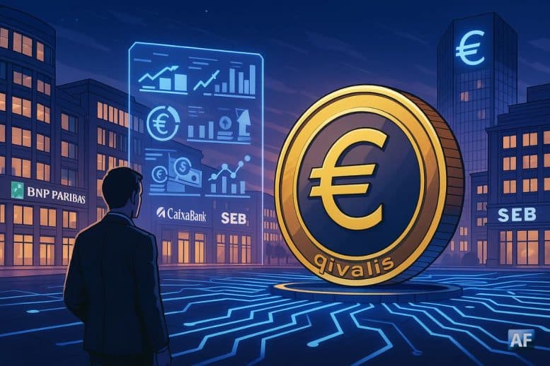 Une immense pièce numérique « qivalis » en euro trône au centre d’une place financière futuriste, entourée de banques européennes et d’hologrammes de graphiques rappelant l’émergence d’un stablecoin euro régulé.