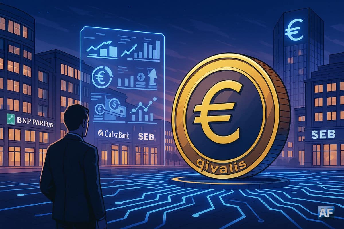 Une immense pièce numérique « qivalis » en euro trône au centre d’une place financière futuriste, entourée de banques européennes et d’hologrammes de graphiques rappelant l’émergence d’un stablecoin euro régulé.