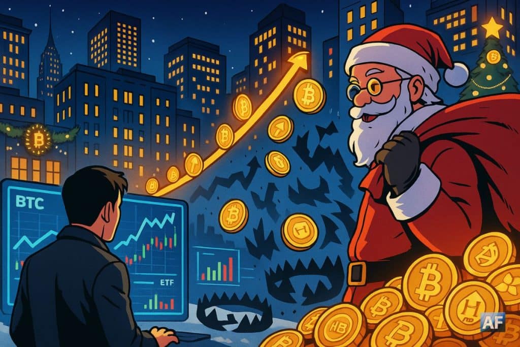 Un trader observe un graphique Bitcoin haussier sur fond de skyline nocturne, tandis qu’un Père Noël moderne déverse des pièces BTC au-dessus de pièges cachés.