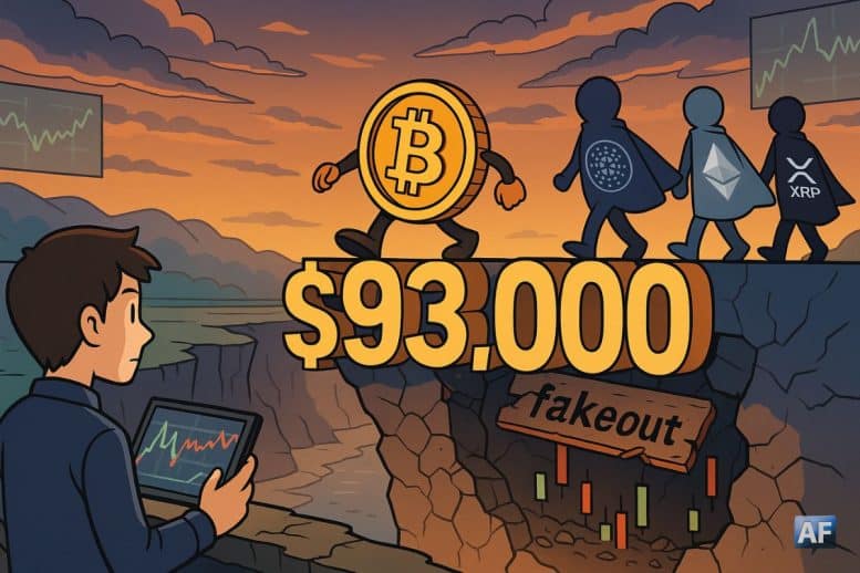 Bitcoin franchit prudemment un pont marqué « 93 000 $ », suivi d’ADA, d’ETH et de XRP, tandis qu’un trader observe un panneau « fakeout » prêt à s’effondrer sous leurs pas.