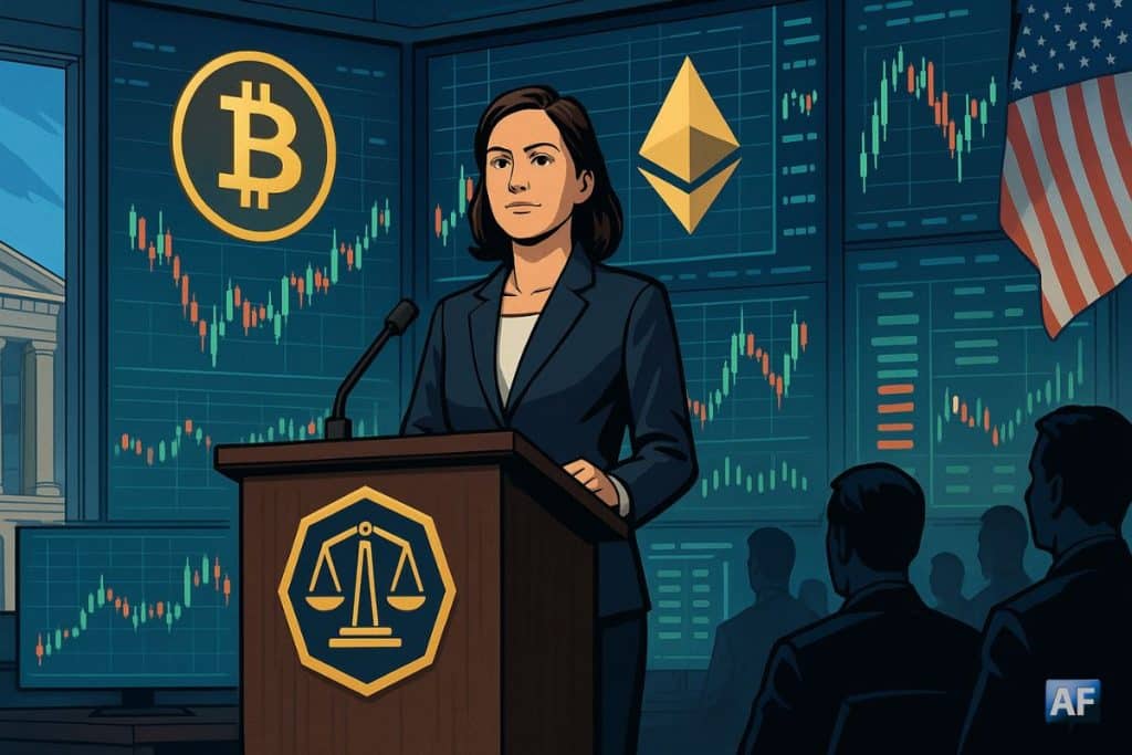 Une régulatrice de la CFTC, debout à un pupitre devant des écrans de trading affichant Bitcoin et Ethereum, annonce l’ouverture de marchés spot crypto régulés.