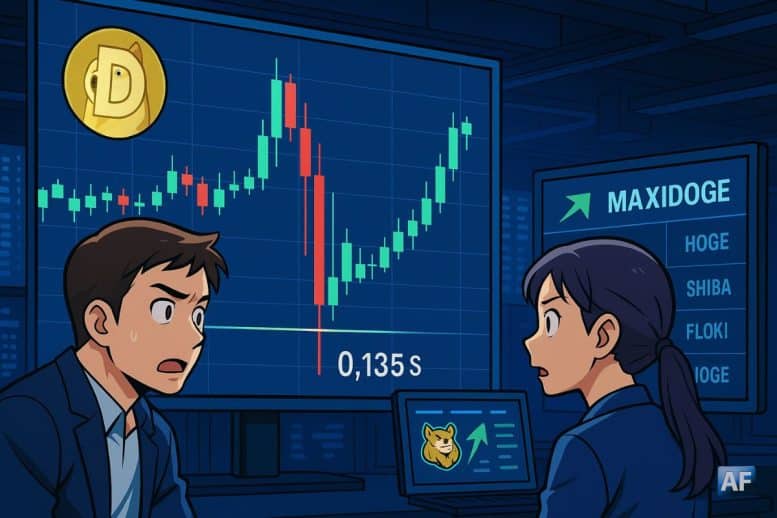 Deux traders en style manga, figés devant un gigantesque graphique de Dogecoin où une longue mèche rouge perce brièvement le support 0,135 $ avant un rebond vert, tandis qu’un écran annexe met en avant MAXIDOGE en forte hausse.