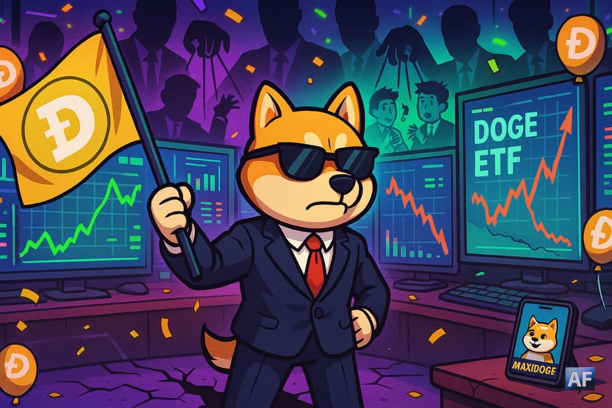 Un shiba en costume, tenant un drapeau Dogecoin dans une salle de trading en fête, se tient sur un sol fissuré tandis que des silhouettes d’institutionnels manipulent les traders et qu’un écran affiche discrètement MAXIDOGE.