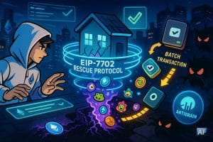 Un hacker en hoodie Ethereum déclenche le “EIP-7702 Rescue Protocol” dans une ville futuriste, tandis que des jetons et NFT s’échappent d’un wallet fissuré pour rejoindre un hardware wallet, sous l’œil de bots hostiles.
