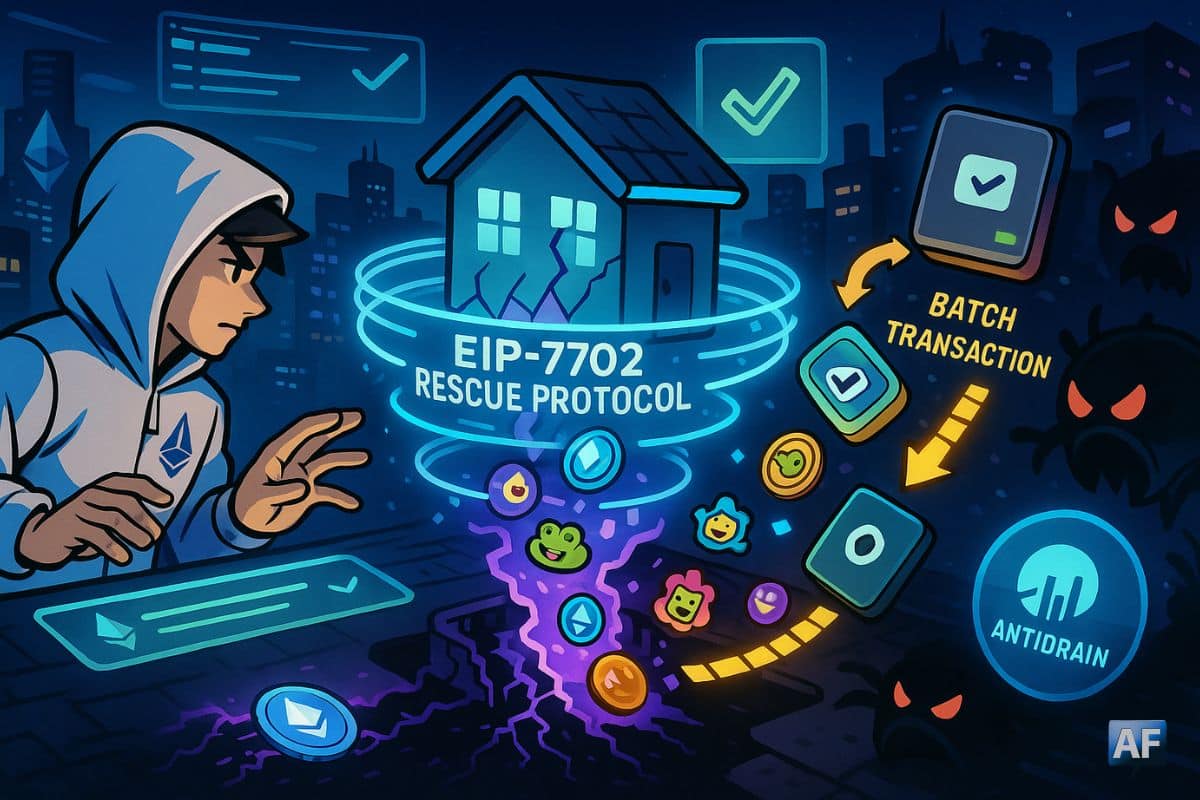 Un hacker en hoodie Ethereum déclenche le “EIP-7702 Rescue Protocol” dans une ville futuriste, tandis que des jetons et NFT s’échappent d’un wallet fissuré pour rejoindre un hardware wallet, sous l’œil de bots hostiles.