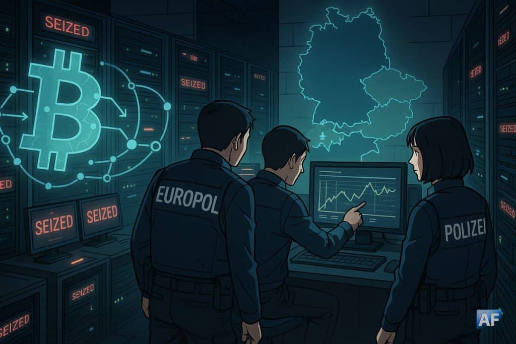 Des agents d’Europol et de la police allemande inspectent un centre de données rempli de serveurs marqués « SEIZED », tandis qu’un hologramme du logo Bitcoin projette des flux on-chain sur fond de carte de l’Europe.