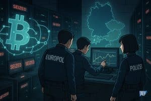 Des agents d’Europol et de la police allemande inspectent un centre de données rempli de serveurs marqués « SEIZED », tandis qu’un hologramme du logo Bitcoin projette des flux on-chain sur fond de carte de l’Europe.