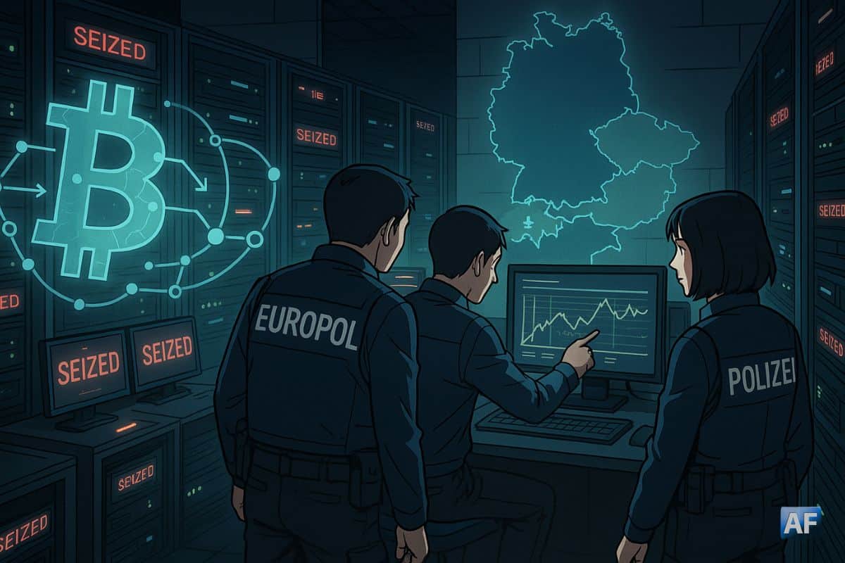 Des agents d’Europol et de la police allemande inspectent un centre de données rempli de serveurs marqués « SEIZED », tandis qu’un hologramme du logo Bitcoin projette des flux on-chain sur fond de carte de l’Europe.