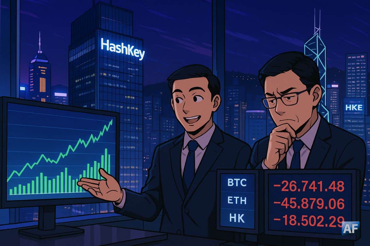 Deux financiers en costume observent depuis un bureau vitré le skyline nocturne de Hong Kong, entre une tour HashKey illuminée et des écrans montrant à la fois volumes crypto en forte hausse et résultats rouges inquiétants.