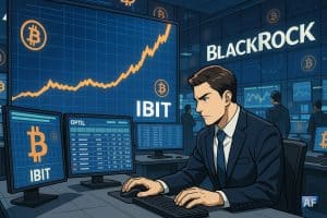 Un trader en costume, concentré devant plusieurs écrans, observe l’explosion du cours du Bitcoin et des options IBIT dans une grande salle de marché aux couleurs et logos de BlackRock.