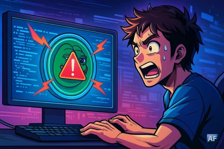 Illustration manga d’un utilisateur paniqué devant un écran affichant une alerte de sécurité liée au site officiel de PEPE, avec couleurs vives, ambiance technologique et profondeur de champ.