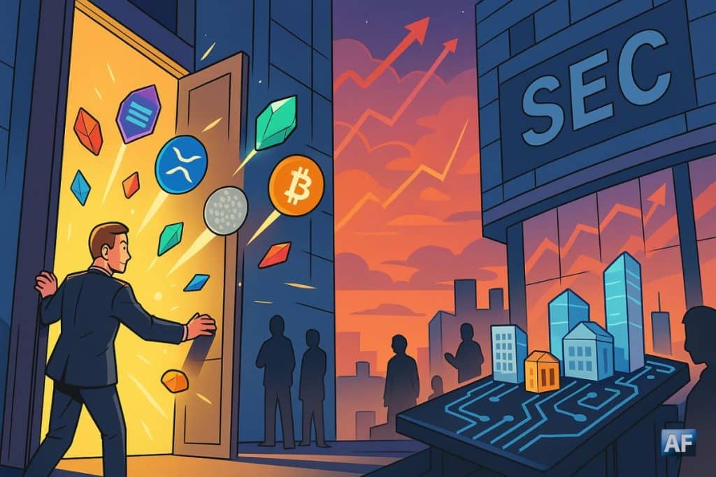Un homme en costume ouvre une immense porte lumineuse devant le siège de la SEC, laissant s’envoler des jetons crypto colorés vers un ciel couché de soleil rempli de graphiques haussiers.