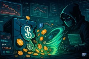 Dans une salle de marché plongée dans la pénombre, un hacker masqué siphonne les jetons d'un coffre fracturé.