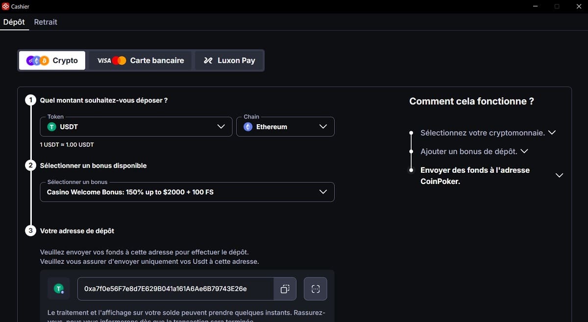 Choisir le bonus de bienvenue sur Coinpoker