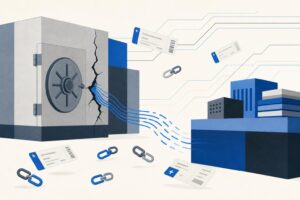 Illustration éditoriale : une archive de conservation fissurée laisse fuir des flux, entourée de segments de chaîne désassemblés, dans le style graphique d'ActuFinance