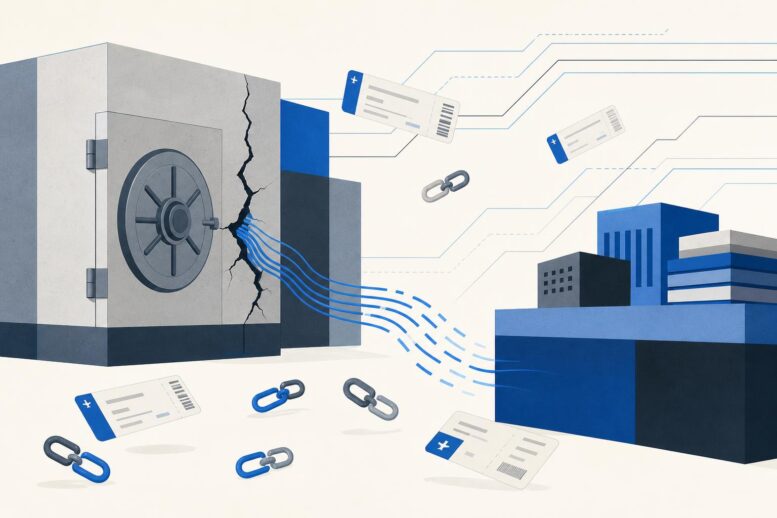Illustration éditoriale : une archive de conservation fissurée laisse fuir des flux, entourée de segments de chaîne désassemblés, dans le style graphique d'ActuFinance