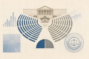 Illustration éditoriale : hémicycle stylisé autour d'un vote fiscal sur les stablecoins