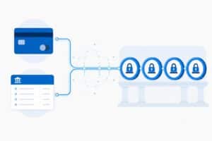 Illustration éditoriale de rails de paiement reliant une carte bancaire et des comptes bancaires à des jetons stablecoins, dans le style géométrique ActuFinance